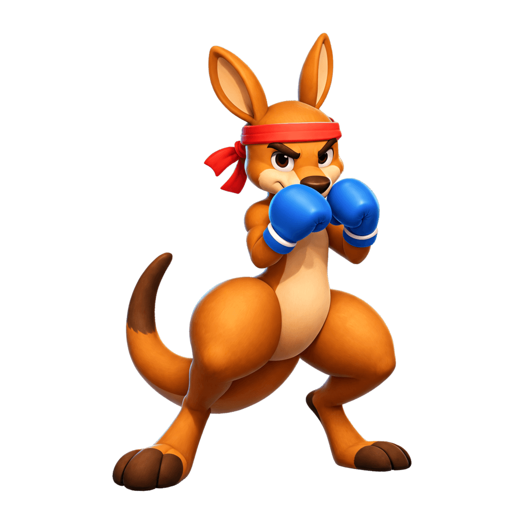 Kicks, SquatQuest's boxing kangaroo, ready to fight