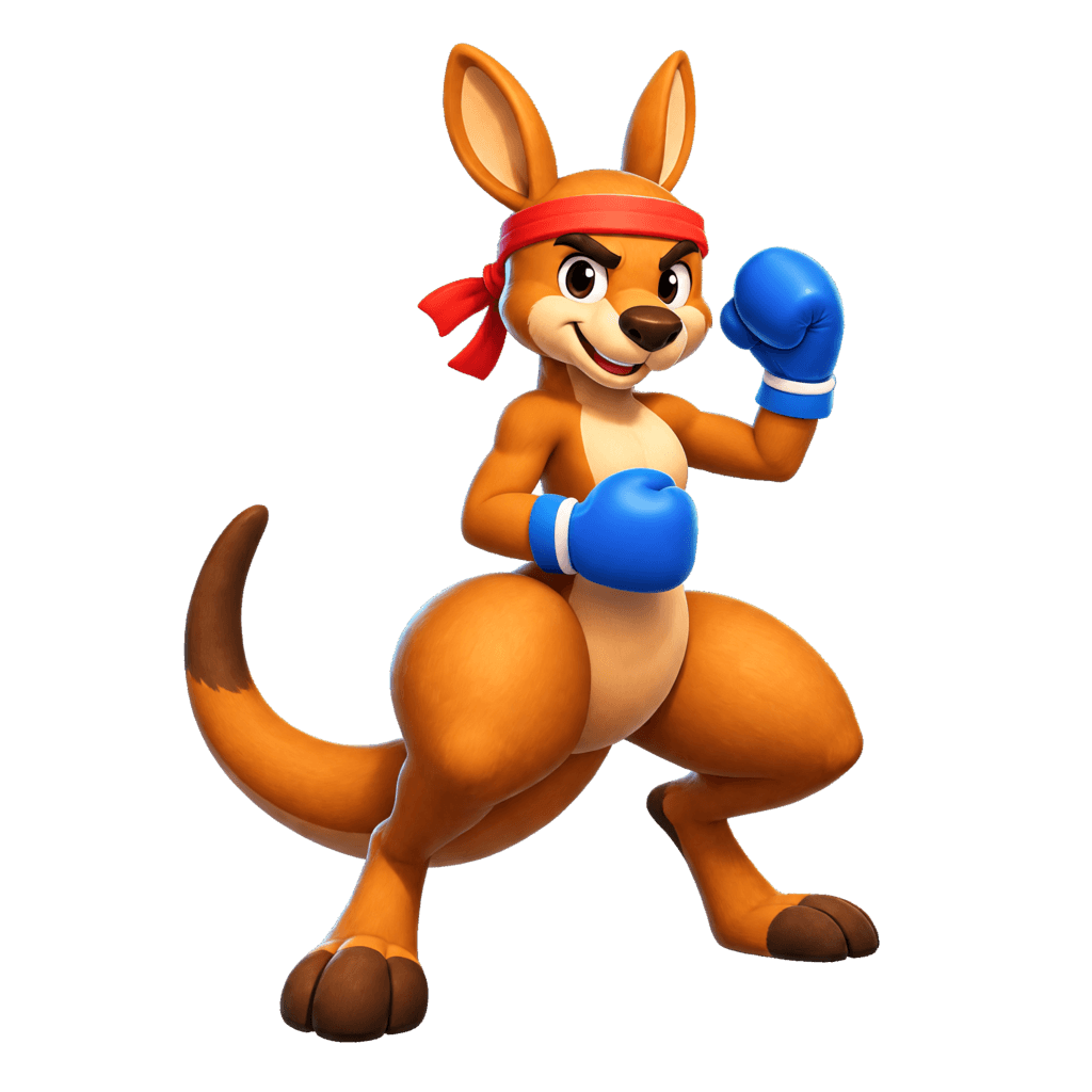 Kicks, SquatQuest's boxing kangaroo companion, raising a blue glove in welcome