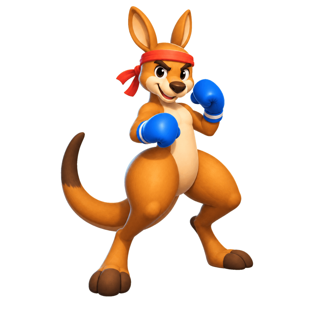 Kicks, the SquatQuest boxing kangaroo, flexing in workout gloves