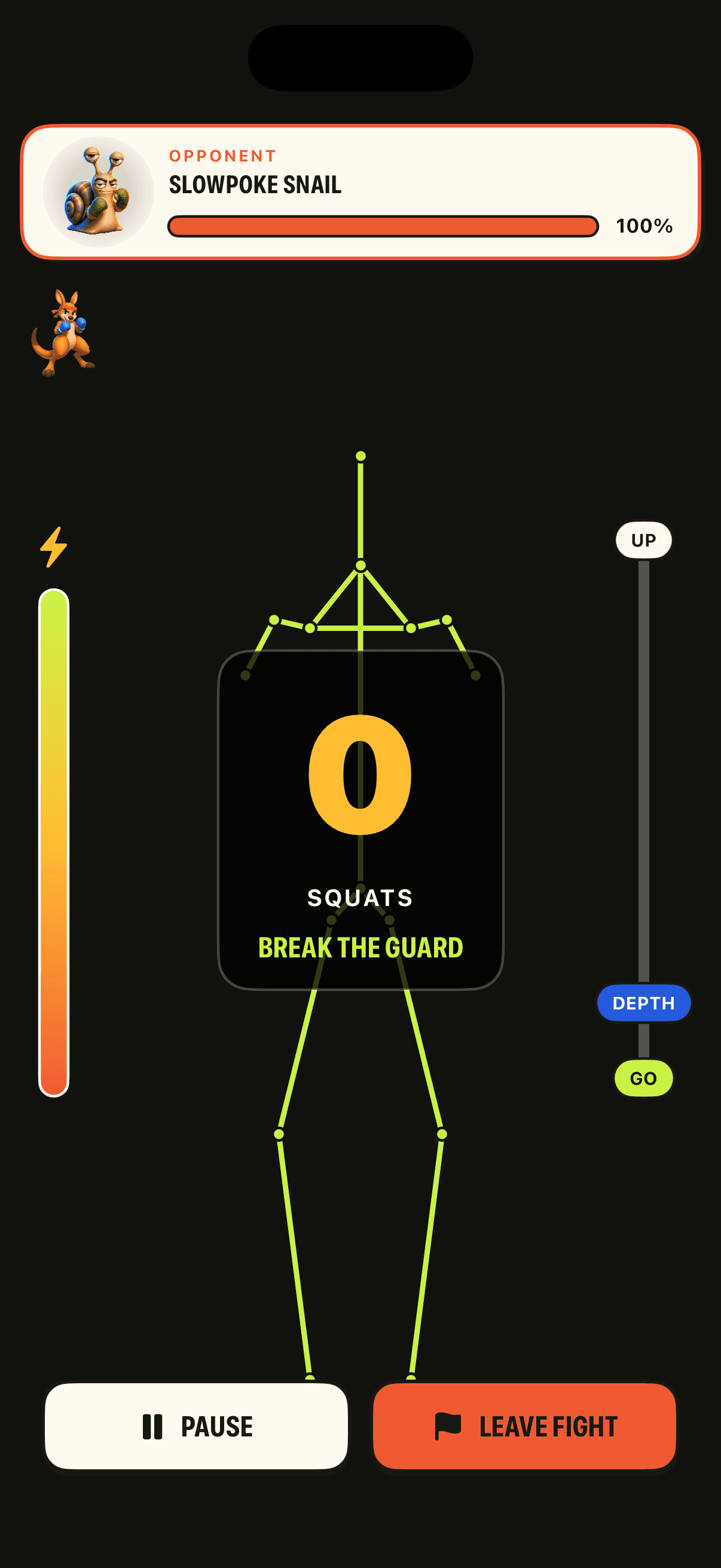 SquatQuest battle screen showing camera-counted squat damage